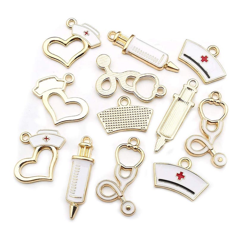 WOCRAFT 32pcs Gold Plated Enamel Medical Nurse Charms Stethoscope Syringe Nurse Cap Hat Charms for Jewelry Making Crafting Findings Accessory for DIY Necklace Bracelet (M430) - Image 2